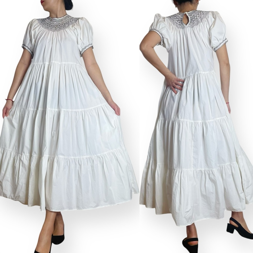 Doen Cream Smocked Yoke Cotton Dress with Black Embroidery - Picture 2 of 16
